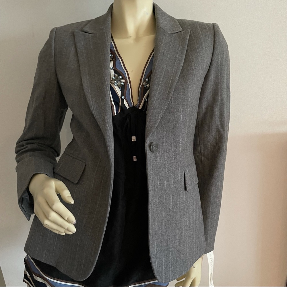 Petite gray striped wool blazer with single button closure